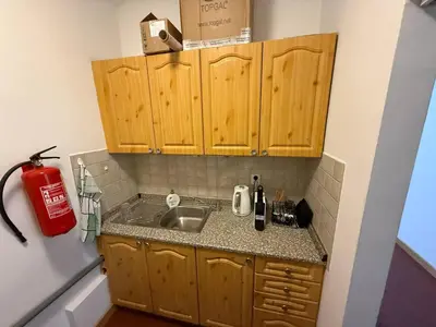 a small kitchen with wooden cabinets and a sink at Romantic Apartment in historical house from 1398 in Prague city centre in Prague