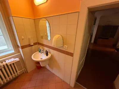 a bathroom with a sink and a mirror at Romantic Apartment in historical house from 1398 in Prague city centre in Prague