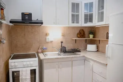 a small kitchen with white cabinets and a sink at Old town apartment Kaprova in Prague