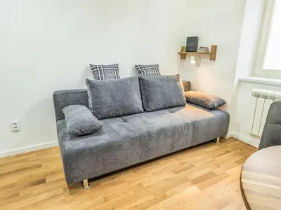 a grey couch in a living room with wooden floors at Apartment Čelakovsky-4 by Interhome in Prague
