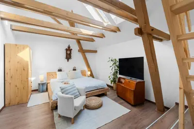 a living room with a bed and a tv at Statek Luigi in Tuchlovice