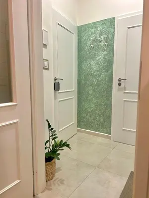 a hallway with doors and a potted plant at Homely Nook Prague Centre in Prague
