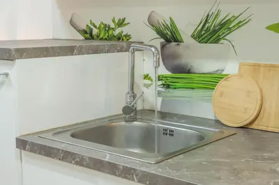 a kitchen sink with potted plants on a counter at HOMELY I Central 52m2 APT I ELEVATOR I Self Check-In in Prague