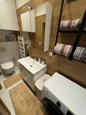 a bathroom with a sink and a toilet and a mirror at Samaya Apartment in Litoměřice
