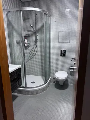 a bathroom with a shower and a toilet at Room Korunní dvur in Prague