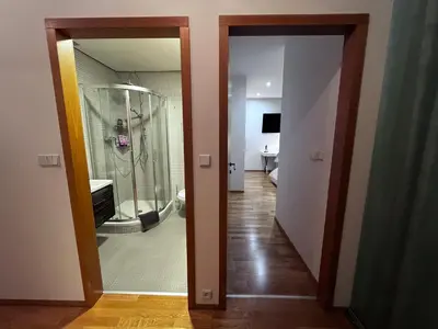 a bathroom with a shower and a walk in closet at Room Korunní dvur in Prague
