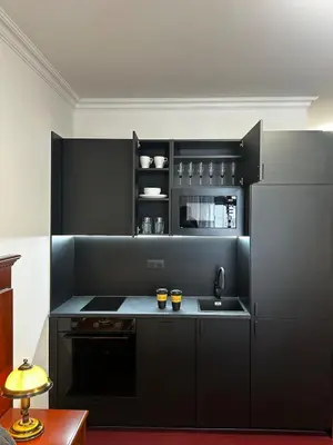a black kitchen with a sink and a refrigerator at Vintage Apartment Old Prague Charm in Prague