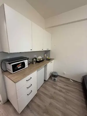 a kitchen with white cabinets and a microwave on a counter at Ethereal Haven 1 in Prague