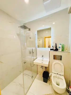 a bathroom with a toilet and a sink and a shower at Phuong'Nest Modern Apartment near Old Town in Prague