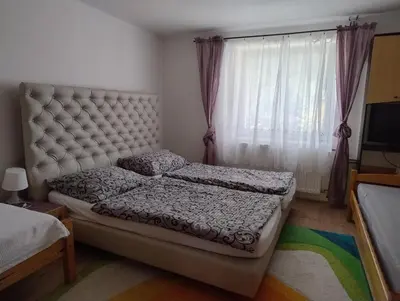 a bedroom with two beds and a large window at Apartmán Sofie in Poděbrady