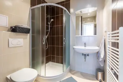 a bathroom with a shower and a toilet and a sink at Designový Apartmán in Prague