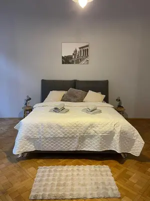 a large bed in a bedroom with two rugs on it at Designový Apartmán in Prague