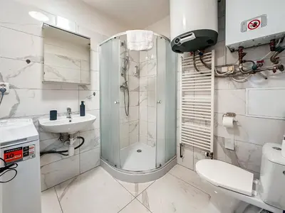 a bathroom with a shower and a toilet and a sink at MIVA apartments in Prague