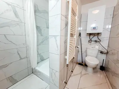 a bathroom with a toilet and a shower at MIVA apartments in Prague
