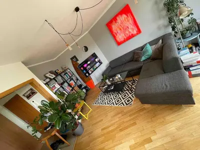 an overhead view of a living room with a couch at COSY&SUNNY flat, center 10min, park 3min, baby cot, free weekend parking in Prague