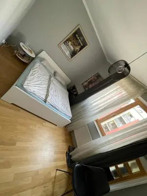 a room with a bed and a window at COSY&SUNNY flat, center 10min, park 3min, baby cot, free weekend parking in Prague