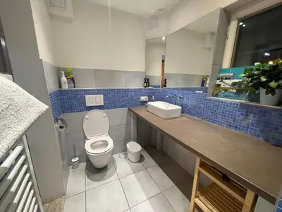 a bathroom with a toilet and a sink at Urban Zen Apartment in Prague