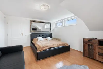 a bedroom with a bed and a mirror on the wall at Black Dragon Haven Luxury Villa with Pool, Sauna & Jacuzzi in Prague