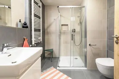 a bathroom with a shower and a sink and a toilet at ANIMA Home, free parking in Prague