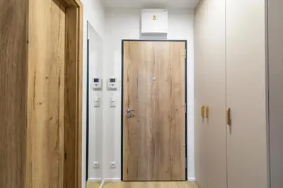a hallway with a wooden door and a mirror at ANIMA Home, free parking in Prague