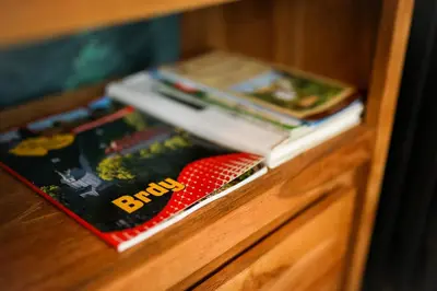 a drawer with books on top of a cabinet at ermiglamping in Jince