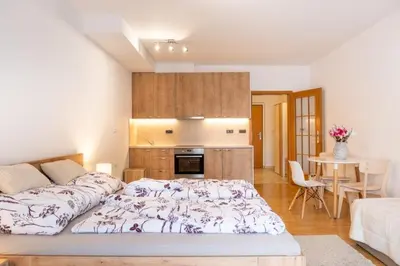 a bedroom with a large bed and a kitchen at Apartmán IRIS Poděbrady 2 in Poděbrady
