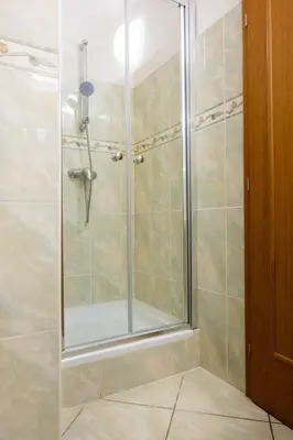 a shower with a glass door in a bathroom at Apartmán IRIS Poděbrady 2 in Poděbrady