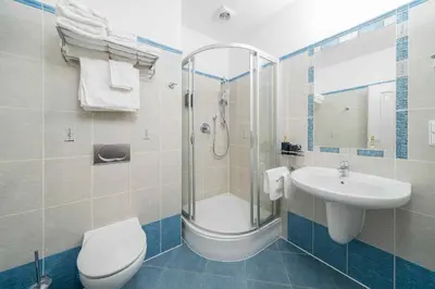 a bathroom with a shower and a toilet and a sink at HOMELYI 28m2 Central studio with ELEVATOR and SELF CHECK-IN in Prague