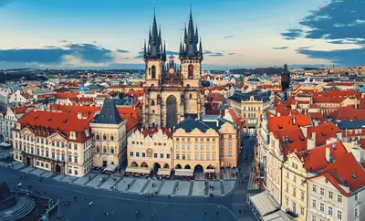 an aerial view of a city with a church at 2 BR Designer Apartment in Old Town in Prague