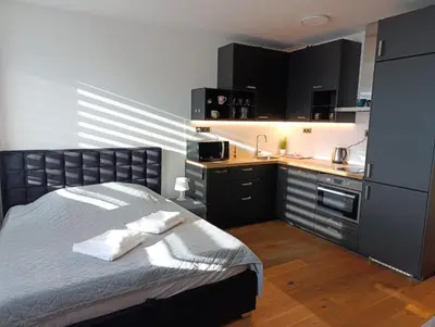 a bedroom with a bed and a kitchen with black cabinets at GeraStay Perucka in Prague