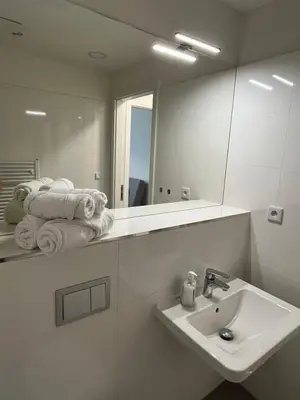 a bathroom with a sink and a mirror and towels at GeraStay Perucka in Prague