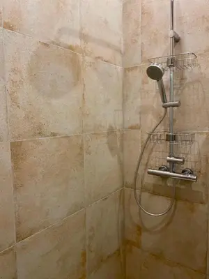 a shower with a shower head in a bathroom at Jakub's home in Prague