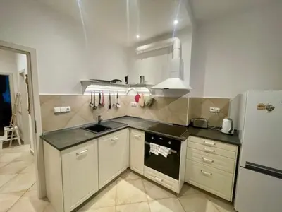 a kitchen with a sink and a refrigerator at Jakub's home in Prague