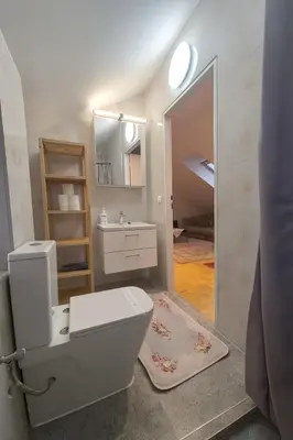 a bathroom with a toilet and a sink and a mirror at KindStay Suite w Free Parking near Prague Airport in Tuchoměřice