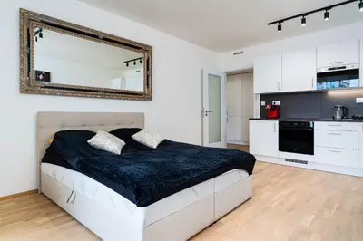 a bedroom with a large bed and a mirror at Timeless Elegance Suite in Prague