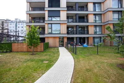 a walkway in front of a building at Blueground Prague 7 furnished close to offices PRG-12 in Prague