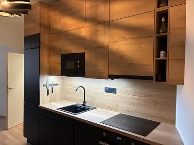 a kitchen with a sink and wooden cabinets at Luxurious Studio Apartment Vyšehrad in Prague