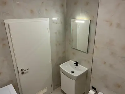 a bathroom with a toilet and a sink and a mirror at Luxurious Studio Apartment Vyšehrad in Prague