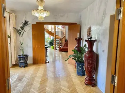 a hallway of a home with a chandelier and plants at Dream House Prague East in Kamenice