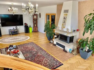 a living room with a fireplace and a television at Dream House Prague East in Kamenice