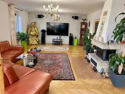 a living room with a couch and a fireplace at Dream House Prague East in Kamenice