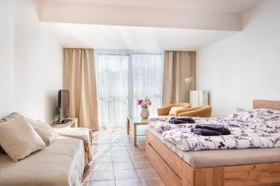 a bedroom with a bed and a couch at Apartmán IRIS Poděbrady 3 in Poděbrady