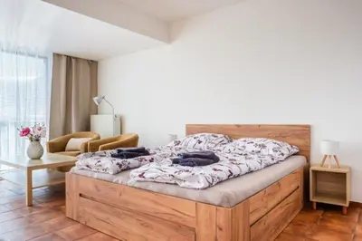 a bedroom with a large wooden bed in a room at Apartmán IRIS Poděbrady 3 in Poděbrady