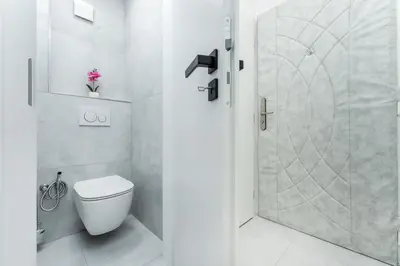 a bathroom with a toilet and a shower at Rentero Warm and Bright Apartment at Prague in Prague