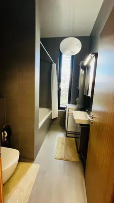 a bathroom with a toilet and a sink at Apartment Holesovice, garden, garage in Prague