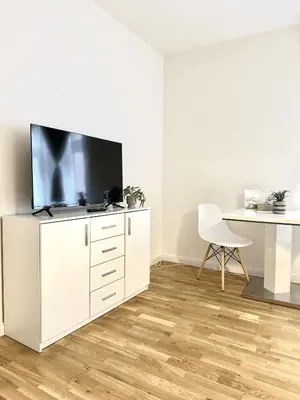 a living room with a tv on a white cabinet at Entire apartment in the center of Prague in Prague