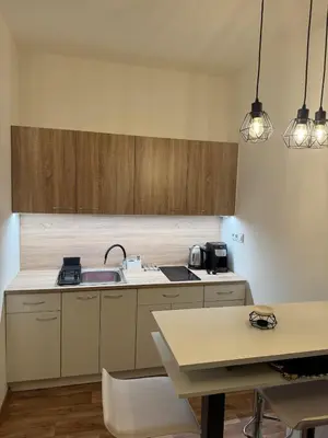 a kitchen with wooden cabinets and a sink and a table at Diamond suite in Prague