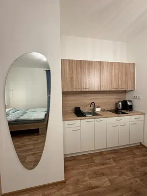 a small kitchen with a mirror and a sink at Diamond suite in Prague
