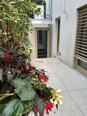 a plant with red and yellow flowers next to a building at Prague Luxury Apartment in Prague