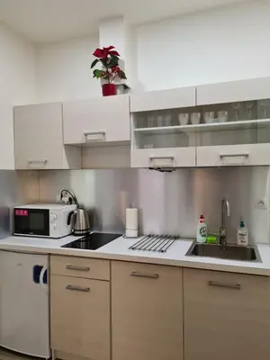 a kitchen with white cabinets and a sink and a microwave at Fully renovated apartment by Anděl metro in Prague
